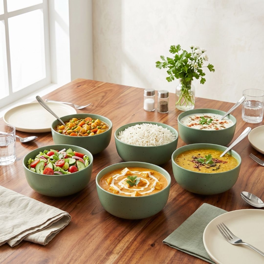 JCPL Fine Porcelain Serving Bowl for Family of 6 | Green Solid | Matte Finish Home, Office & Gifting (6 Pieces)