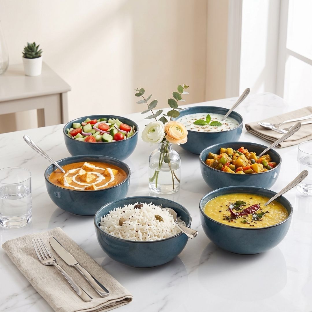 JCPL Fine Porcelain Serving Bowl for Family of 6 | Blue Solid | Glossy Finish Home, Office & Gifting (6 Pieces)