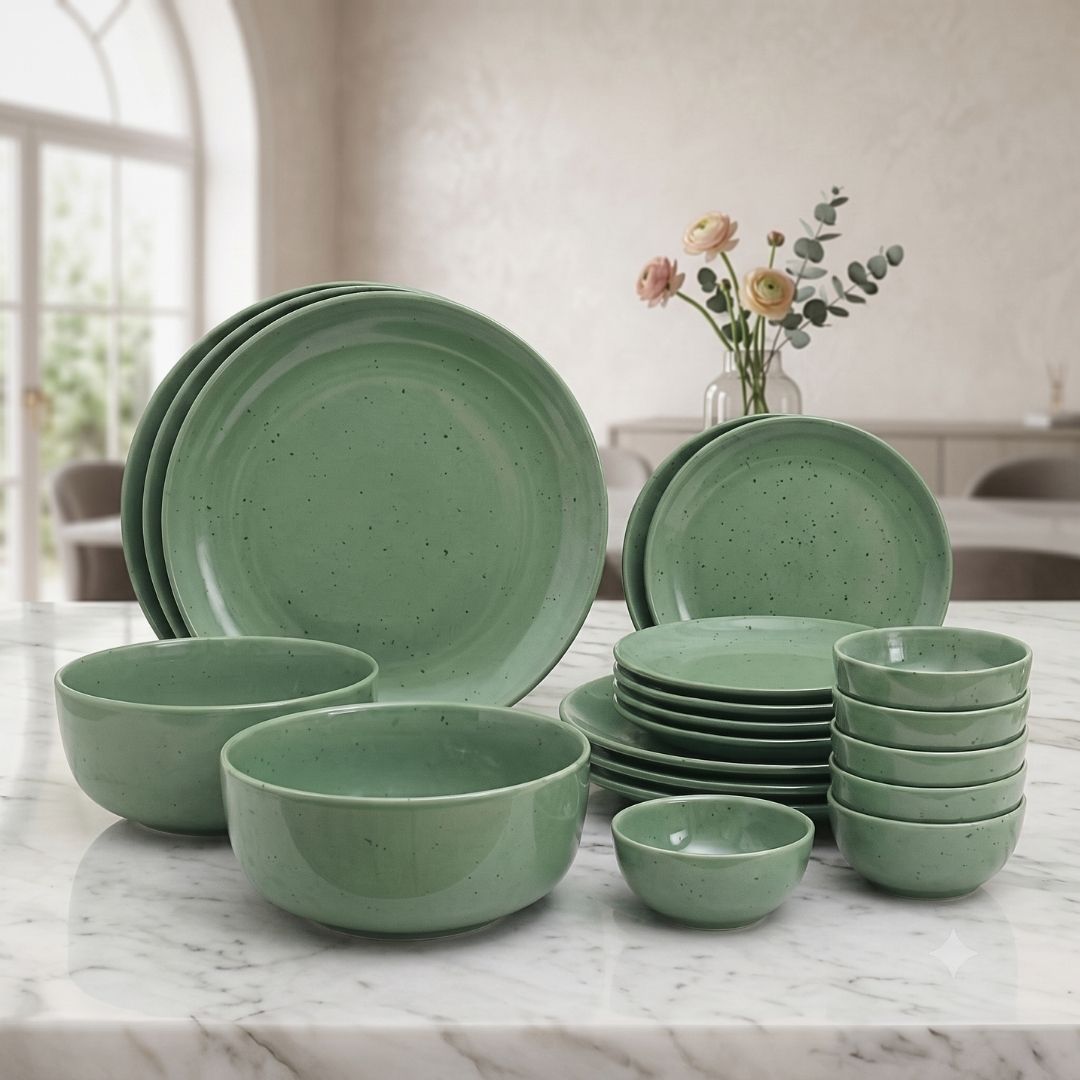JCPL Porcelain Dinner Set of 20, Green Solid, Matte Finish, For Family of 6