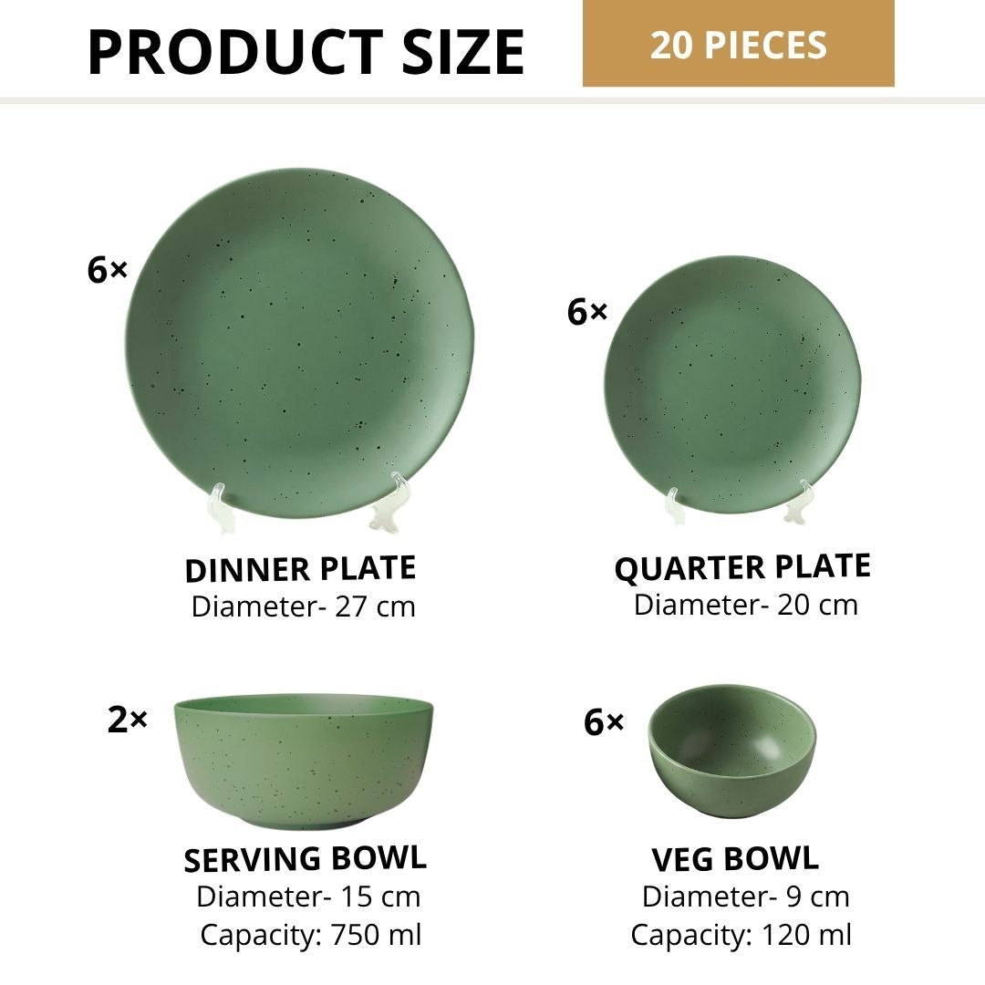 JCPL Porcelain Dinner Set of 20, Green Solid, Matte Finish, For Family of 6