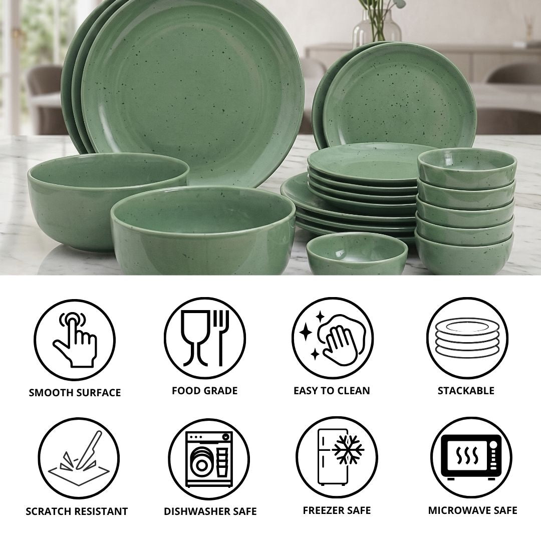 JCPL Porcelain Dinner Set of 20, Green Solid, Matte Finish, For Family of 6