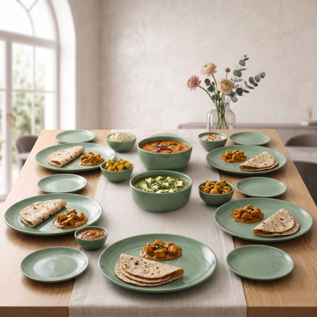 JCPL Porcelain Dinner Set of 20, Green Solid, Matte Finish, For Family of 6