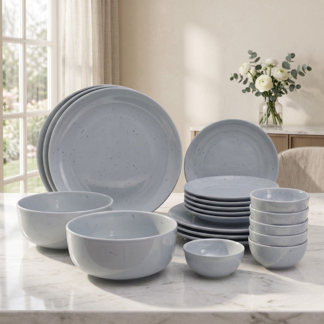 JCPL Porcelain Dinner Set of 20, Grey Solid, Glossy Finish, For Family of 6