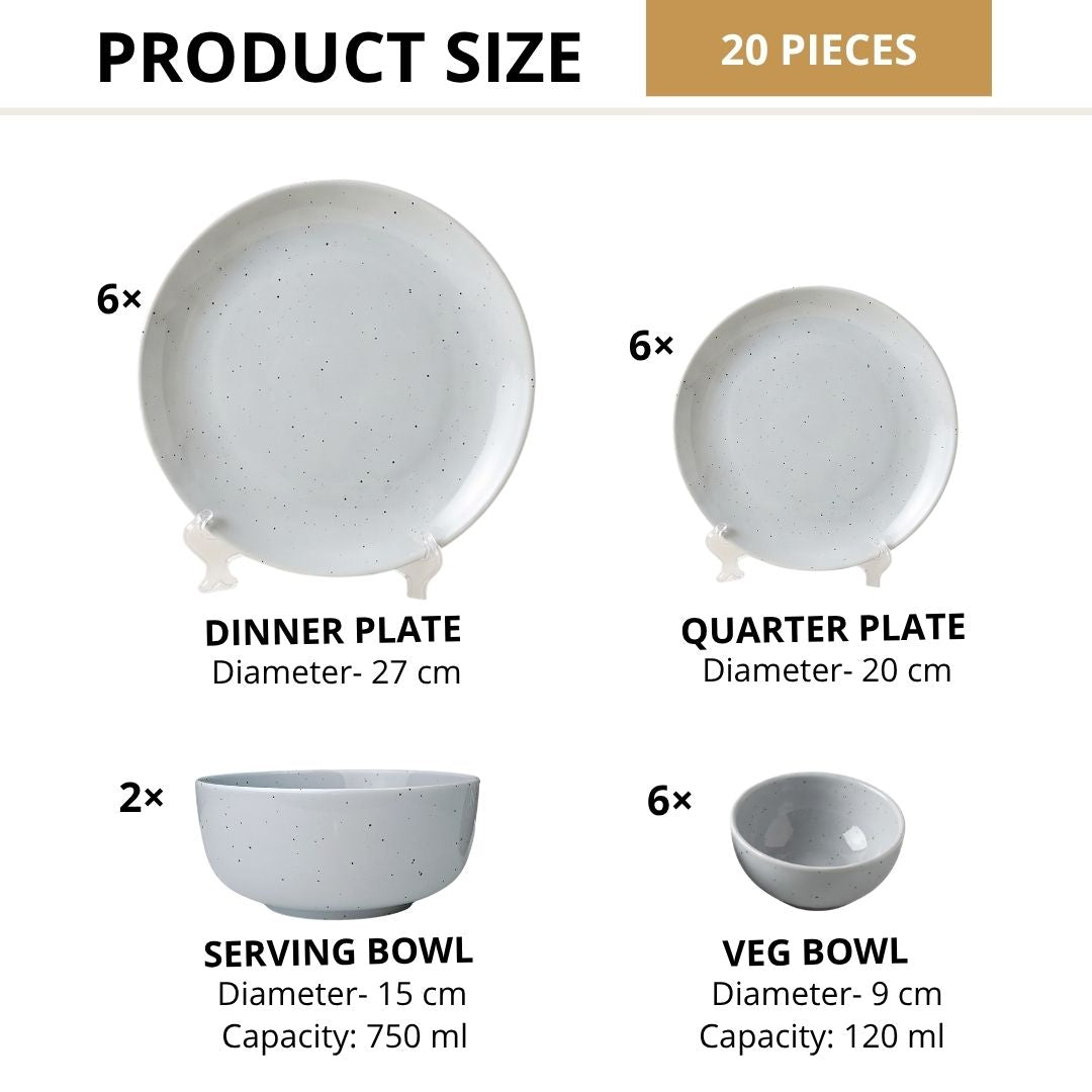 JCPL Porcelain Dinner Set of 20, Grey Solid, Glossy Finish, For Family of 6