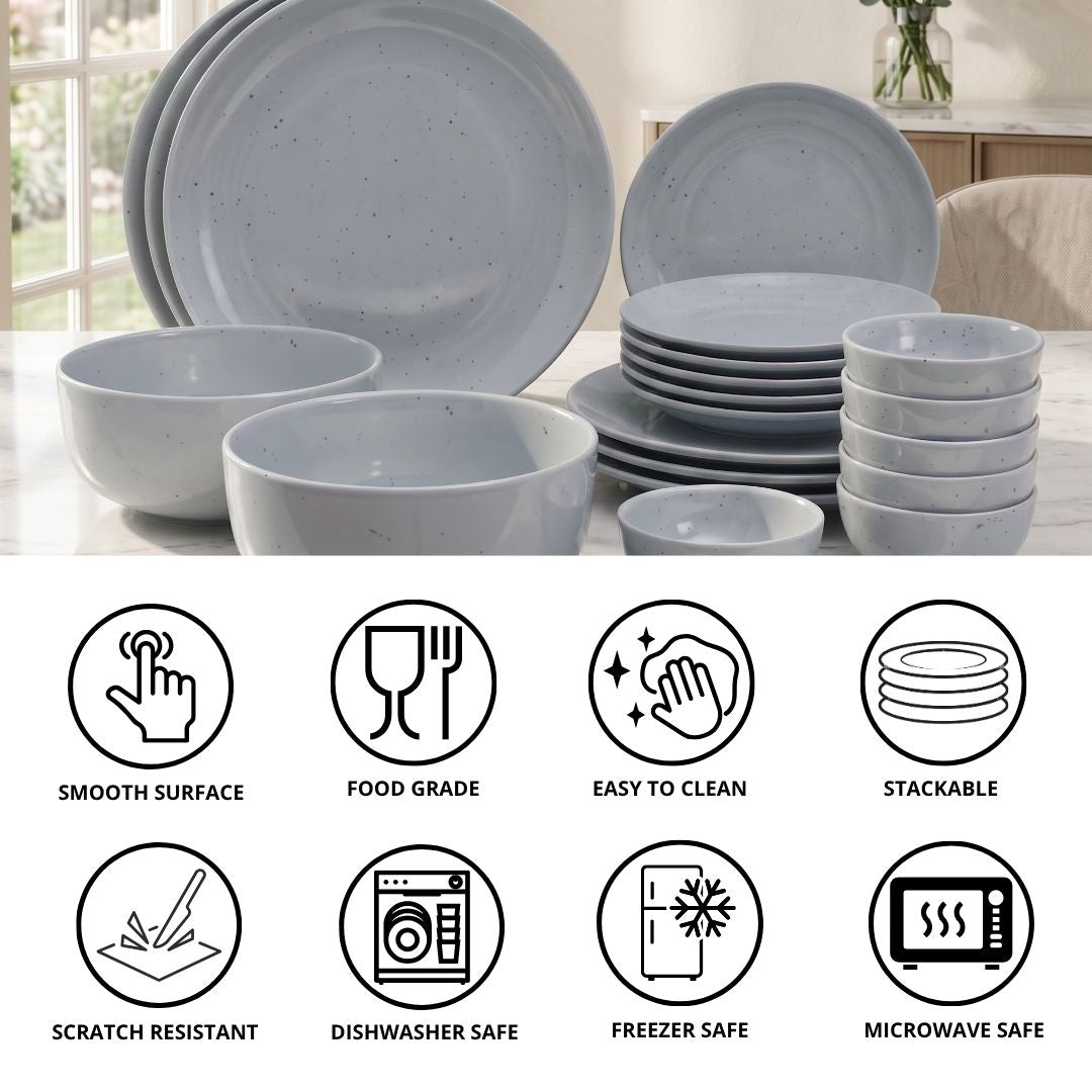 JCPL Porcelain Dinner Set of 20, Grey Solid, Glossy Finish, For Family of 6
