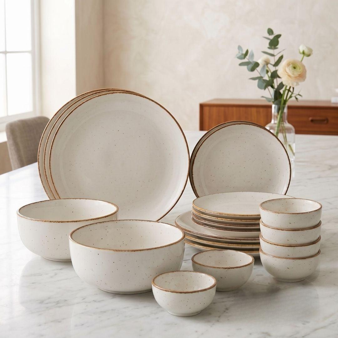 JCPL Porcelain Dinner Set of 20, Ivory Solid, Glossy Finish, For Family of 6