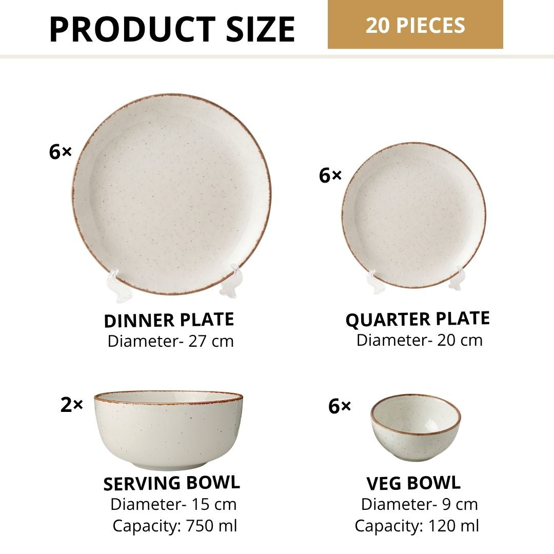 JCPL Porcelain Dinner Set of 20, Ivory Solid, Glossy Finish, For Family of 6