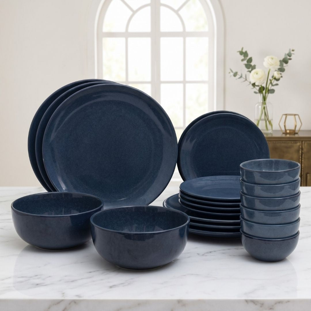 JCPL Porcelain Dinner Set of 20, Blue Solid, Glossy Finish, For Family of 6