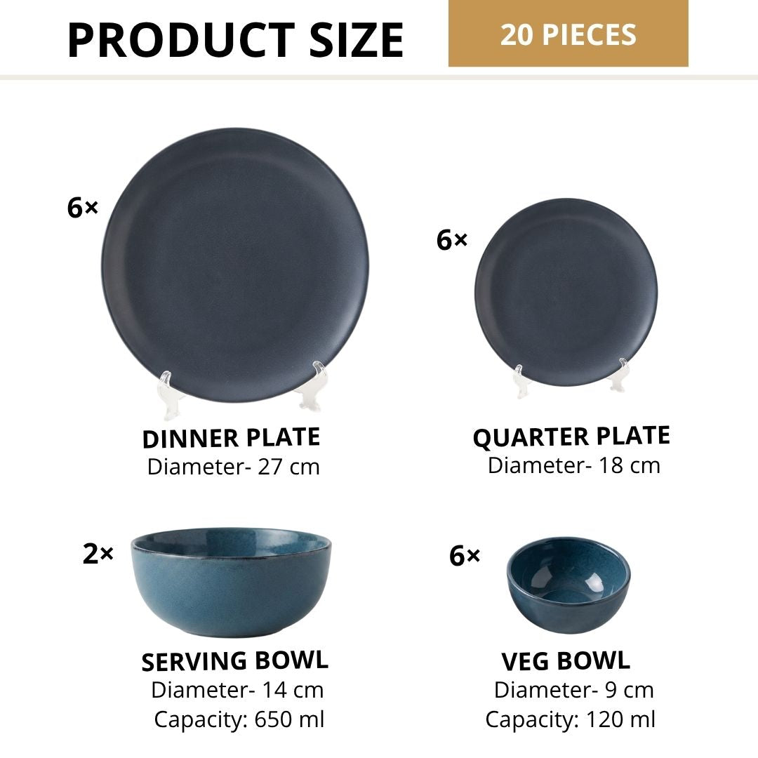 JCPL Porcelain Dinner Set of 20, Blue Solid, Glossy Finish, For Family of 6