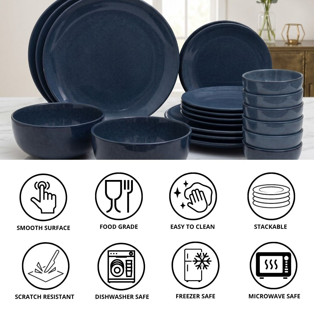 JCPL Porcelain Dinner Set of 20, Blue Solid, Glossy Finish, For Family of 6