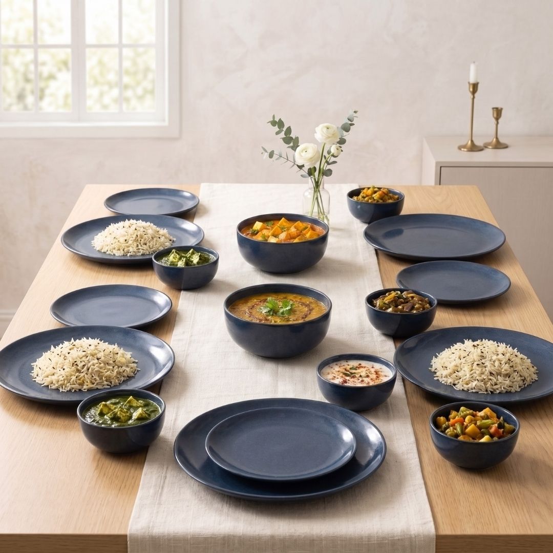 JCPL Porcelain Dinner Set of 20, Blue Solid, Glossy Finish, For Family of 6