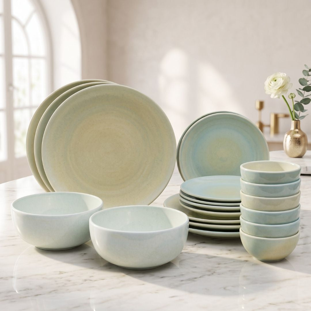 JCPL Porcelain Dinner Set of 20, Forest Green Solid, Glossy Finish, For Family of 6