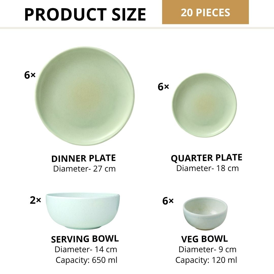 JCPL Porcelain Dinner Set of 20, Forest Green Solid, Glossy Finish, For Family of 6
