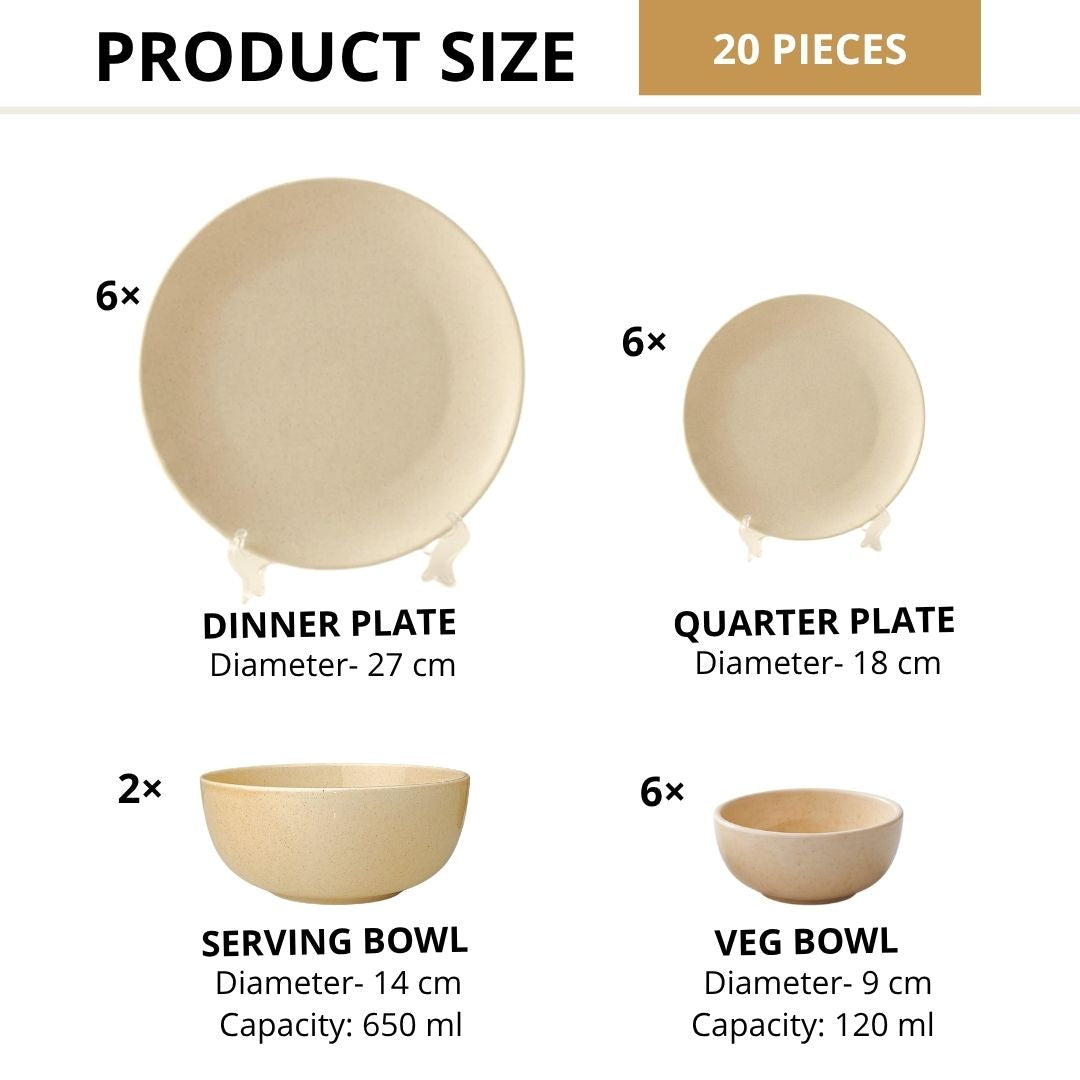 JCPL Porcelain Dinner Set of 20, Peach Solid, Glossy Finish, For Family of 6