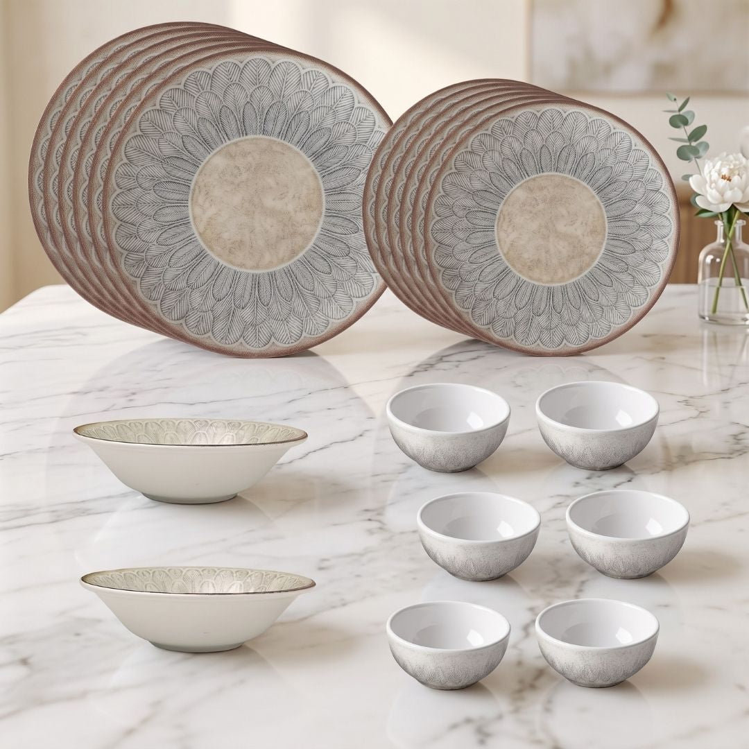 JCPL Porcelain Dinner Set of 20, Aroma Textures, Glossy Finish, For Family of 6