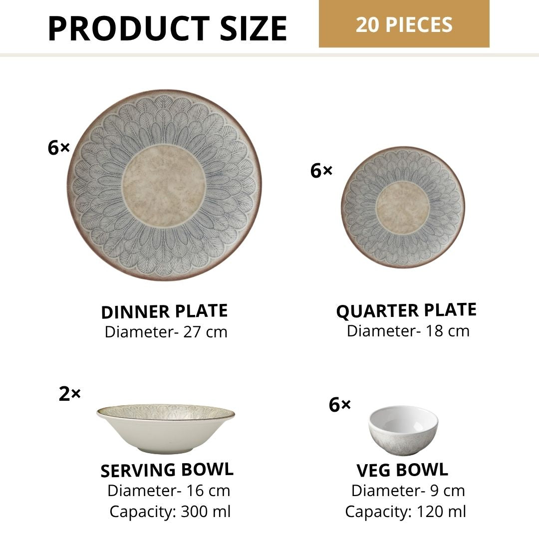 JCPL Porcelain Dinner Set of 20, Aroma Textures, Glossy Finish, For Family of 6