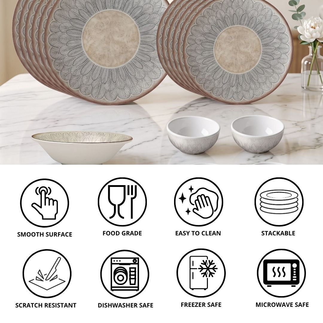 JCPL Porcelain Dinner Set of 20, Aroma Textures, Glossy Finish, For Family of 6