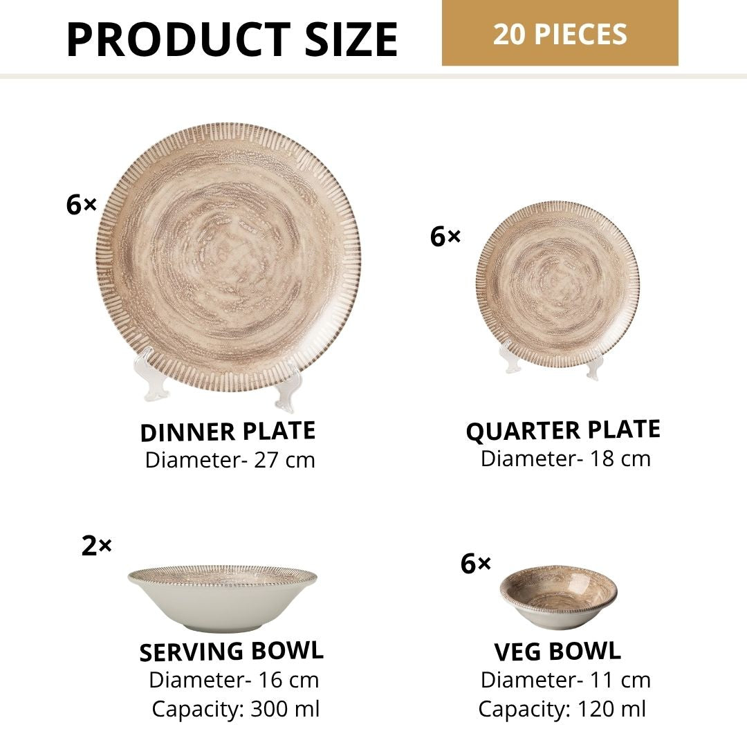 JCPL Porcelain Dinner Set of 20, Ground Textures, Glossy Finish, For Family of 6