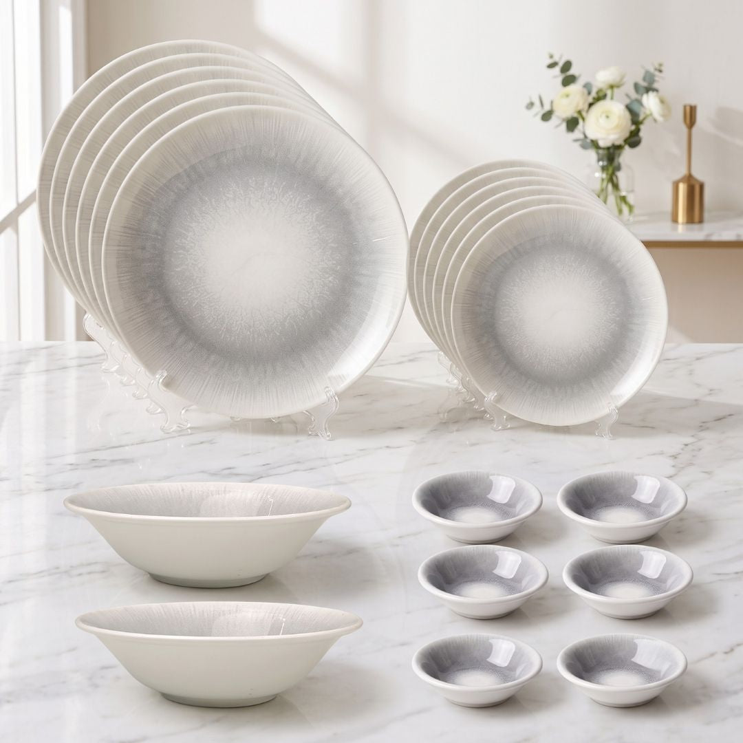 JCPL Porcelain Dinner Set of 20, Sway Textures, Glossy Finish, For Family of 6