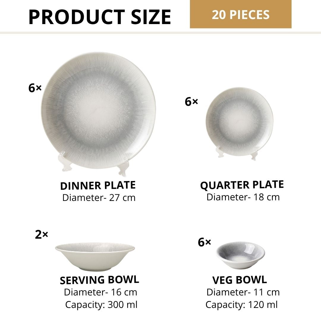 JCPL Porcelain Dinner Set of 20, Sway Textures, Glossy Finish, For Family of 6