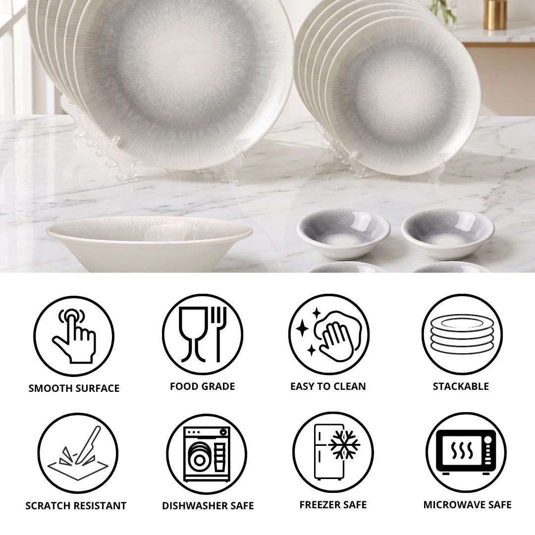 JCPL Porcelain Dinner Set of 20, Sway Textures, Glossy Finish, For Family of 6