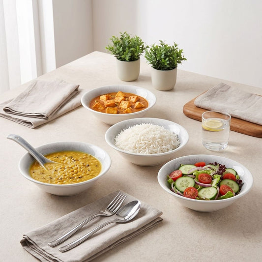 JCPL Fine Porcelain Medium Snack Bowl for Family of 4|Sway Textures|Glossy Finish 300ml, (4 Pieces)