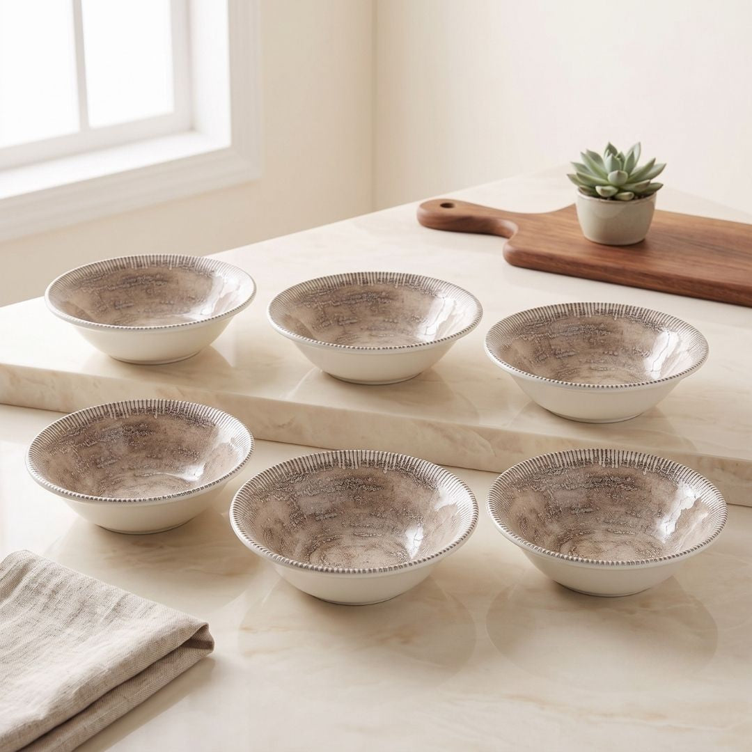 JCPL Fine Porcelain Medium Snack Bowl for Family of 6 | Textures | Glossy Finish Home, Office & Gifting (6 Pieces)