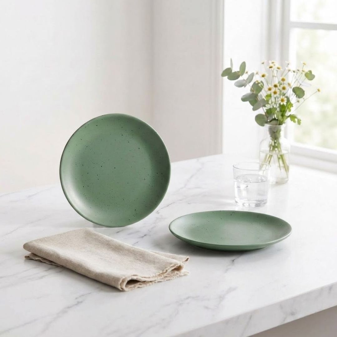 JCPL Fine Porcelain 7.8" Quarter Plates Set for Family of 4 Green Solid Matte Finish, (4 Pieces)