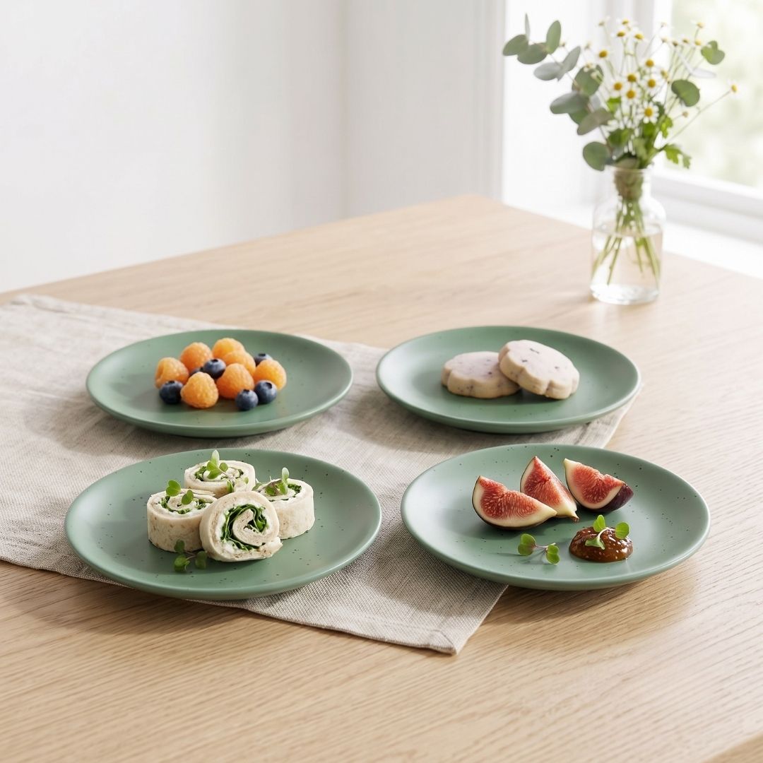 JCPL Fine Porcelain 7.8" Quarter Plates Set for Family of 4 Green Solid Matte Finish, (4 Pieces)