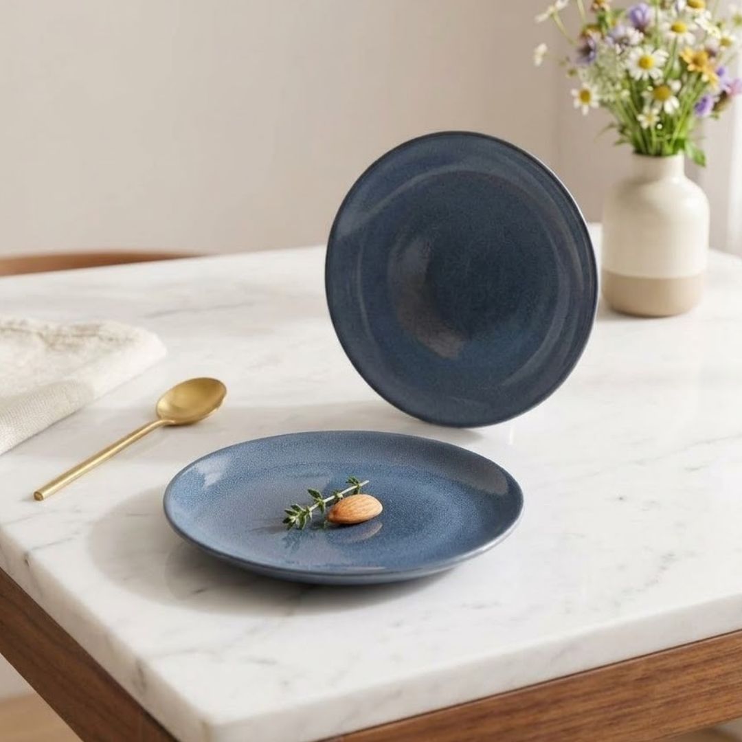 JCPL Fine Porcelain 7" Quarter Plates Set for Family of 4 Blue Solid Glossy Finish, (4 Pieces)