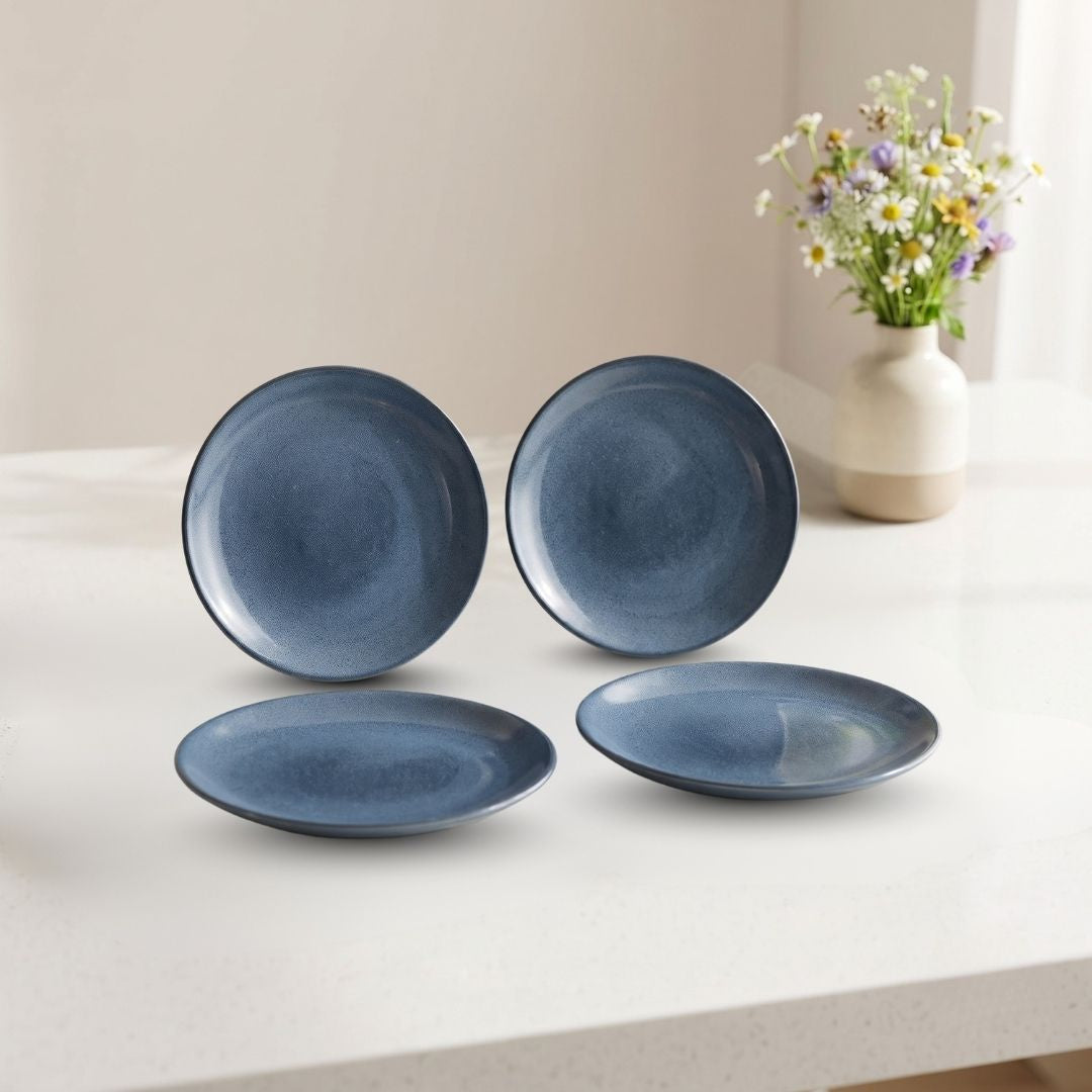 JCPL Fine Porcelain 7" Quarter Plates Set for Family of 4 Blue Solid Glossy Finish, (4 Pieces)