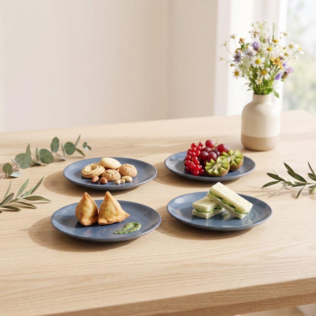 JCPL Fine Porcelain 7" Quarter Plates Set for Family of 4 Blue Solid Glossy Finish, (4 Pieces)