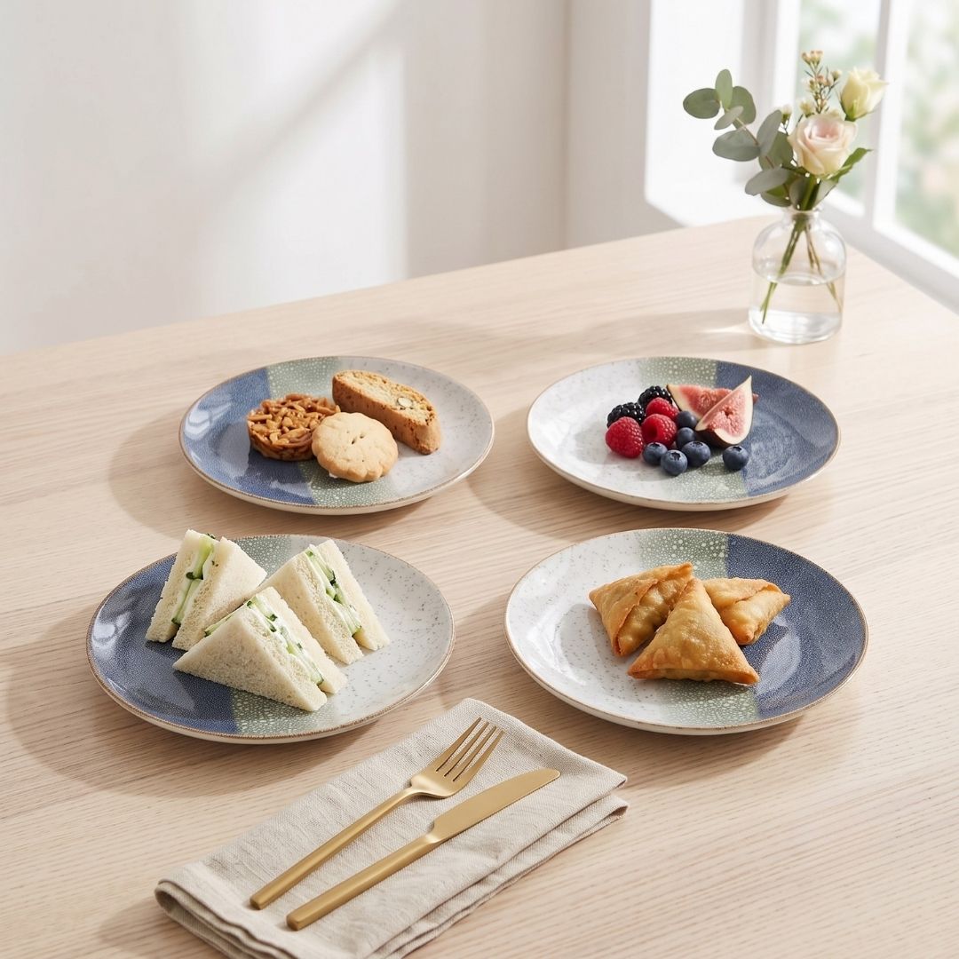 JCPL Fine Porcelain 7" Quarter Plates Set for Family of 4 Coral Textures Glossy Finish, (4 Pieces)