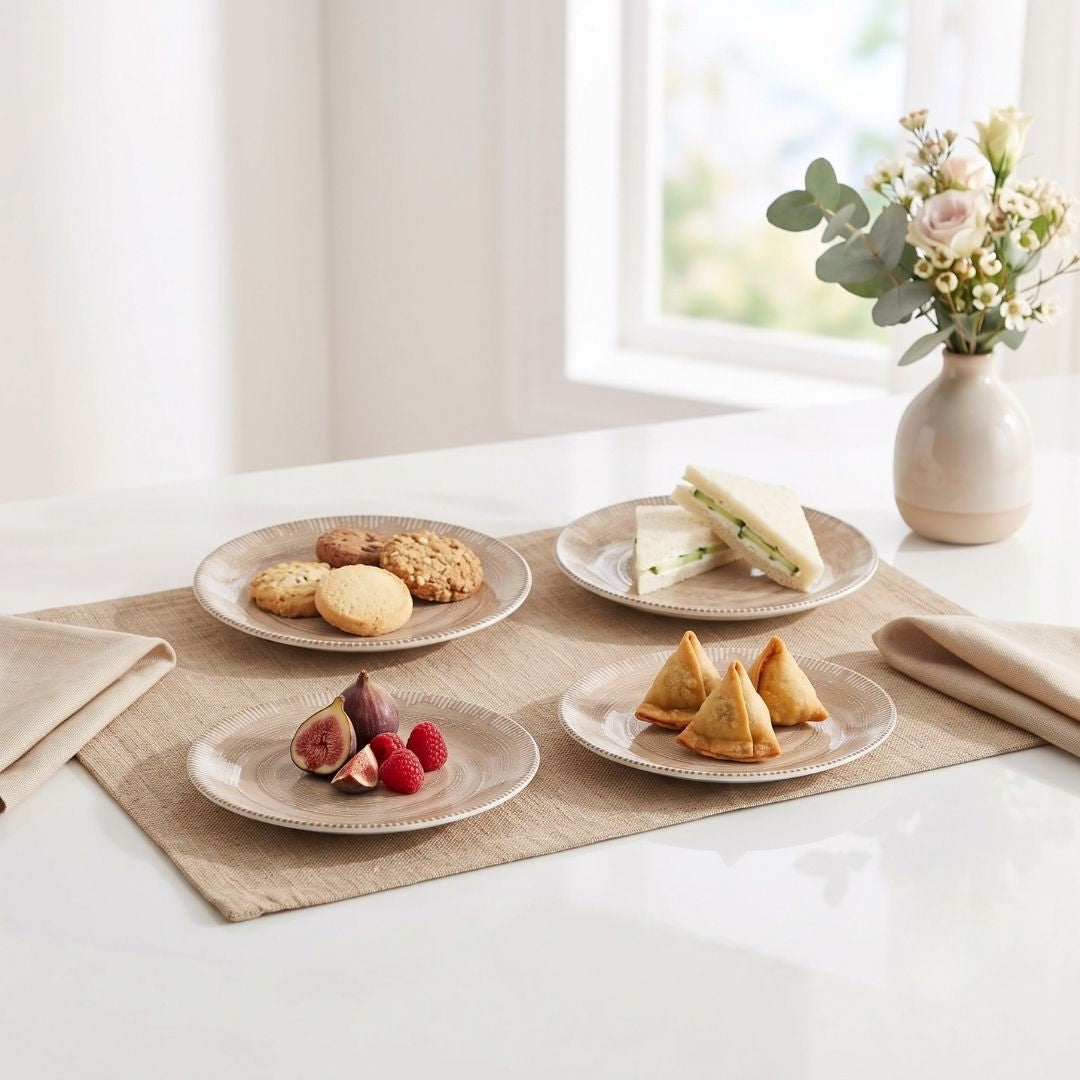 JCPL Fine Porcelain 7" Quarter Plates Set for Family of 4 Ground Textures Glossy Finish, (4 Pieces)