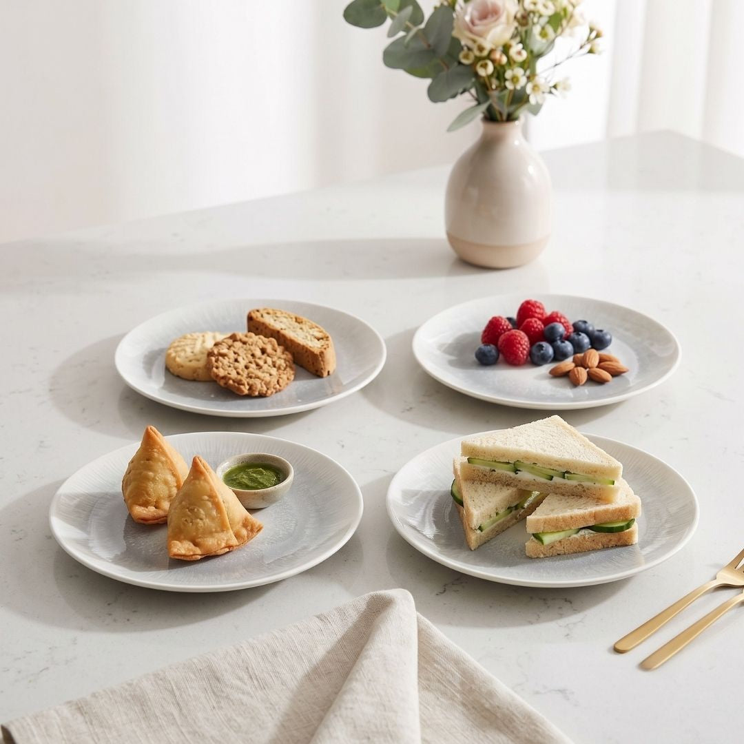 JCPL Fine Porcelain 7" Quarter Plates Set for Family of 4 Sway Textures Glossy Finish, (4 Pieces)