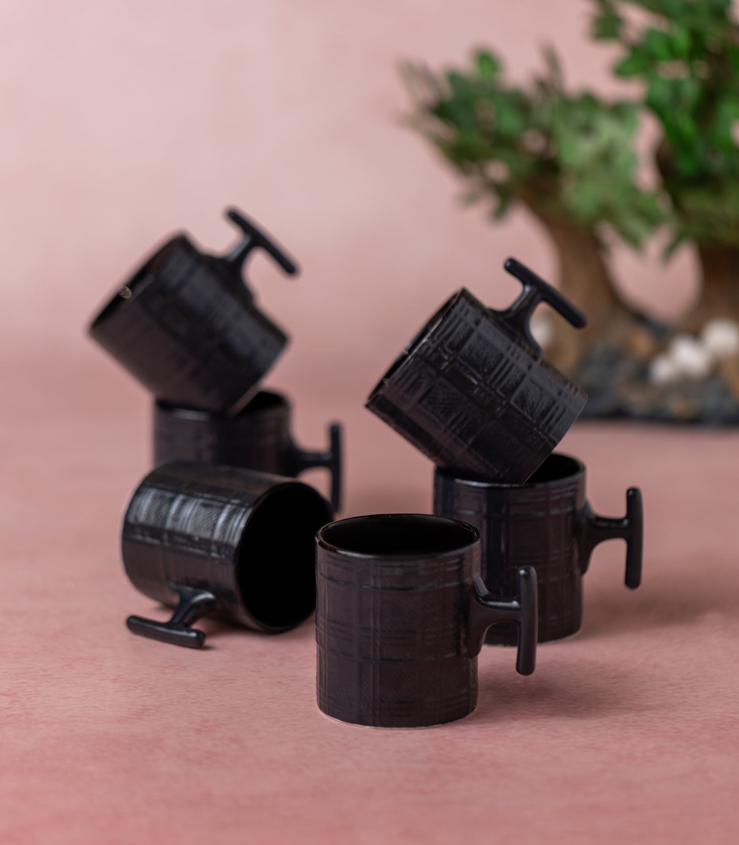 JCPL Grid Checkmate Coffee & Tea Mugs Set of 6, Black