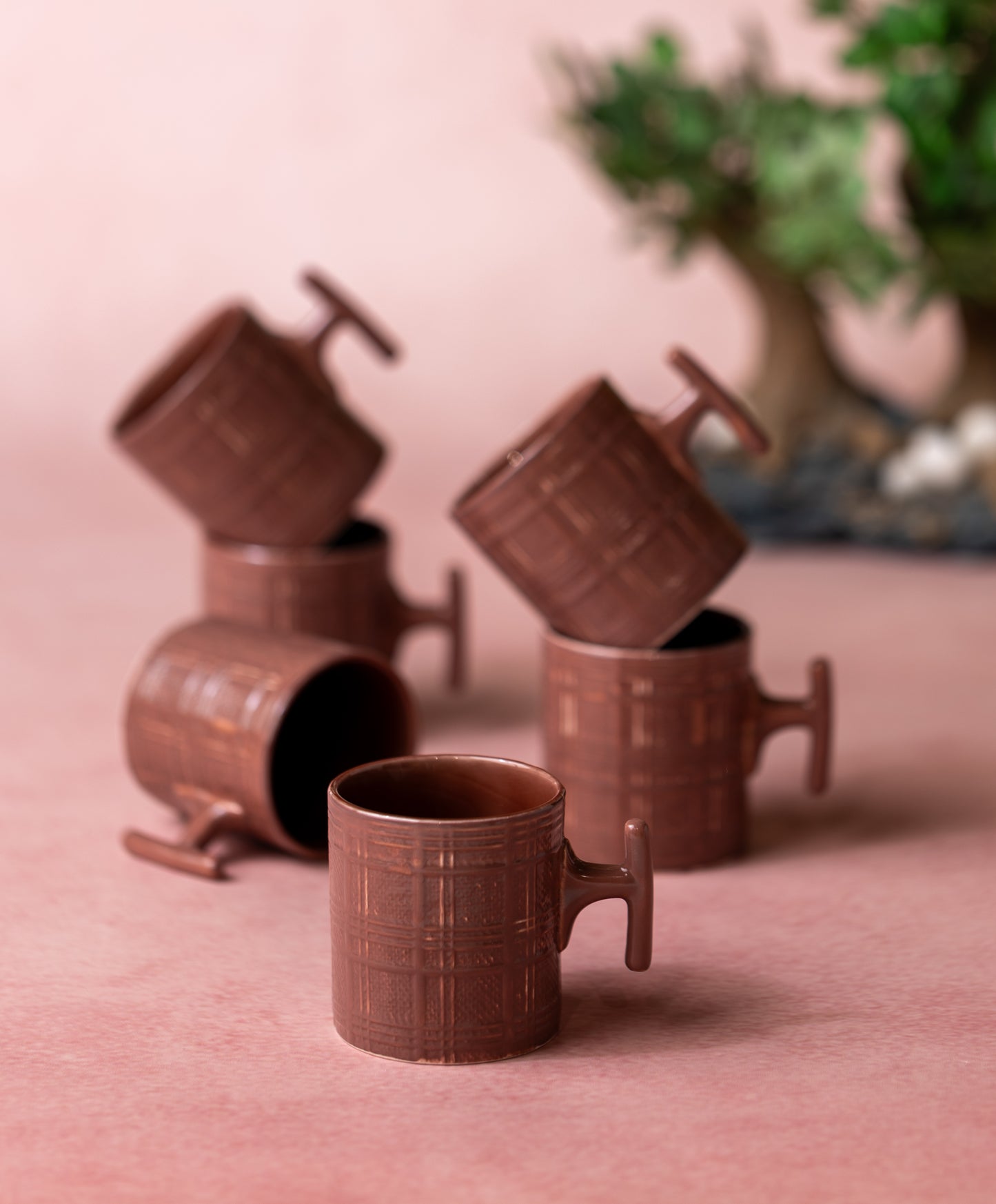 JCPL Grid Checkmate Coffee & Tea Mugs Set of 6, Plum