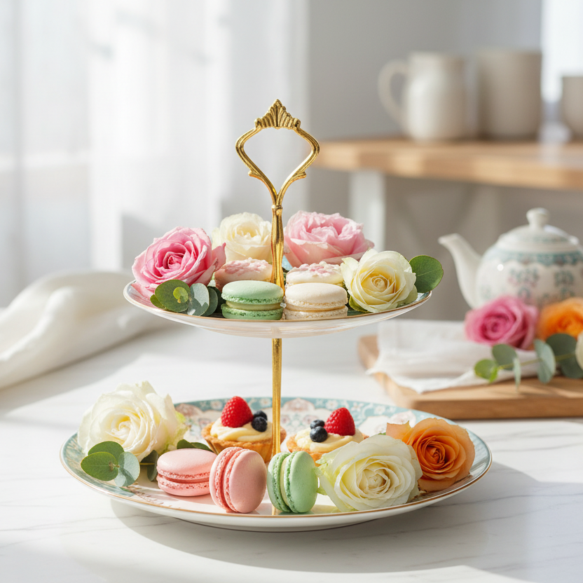 A two-tier ceramic cake stand with blue floral patterns and gold accents, featuring a central supporting rod.