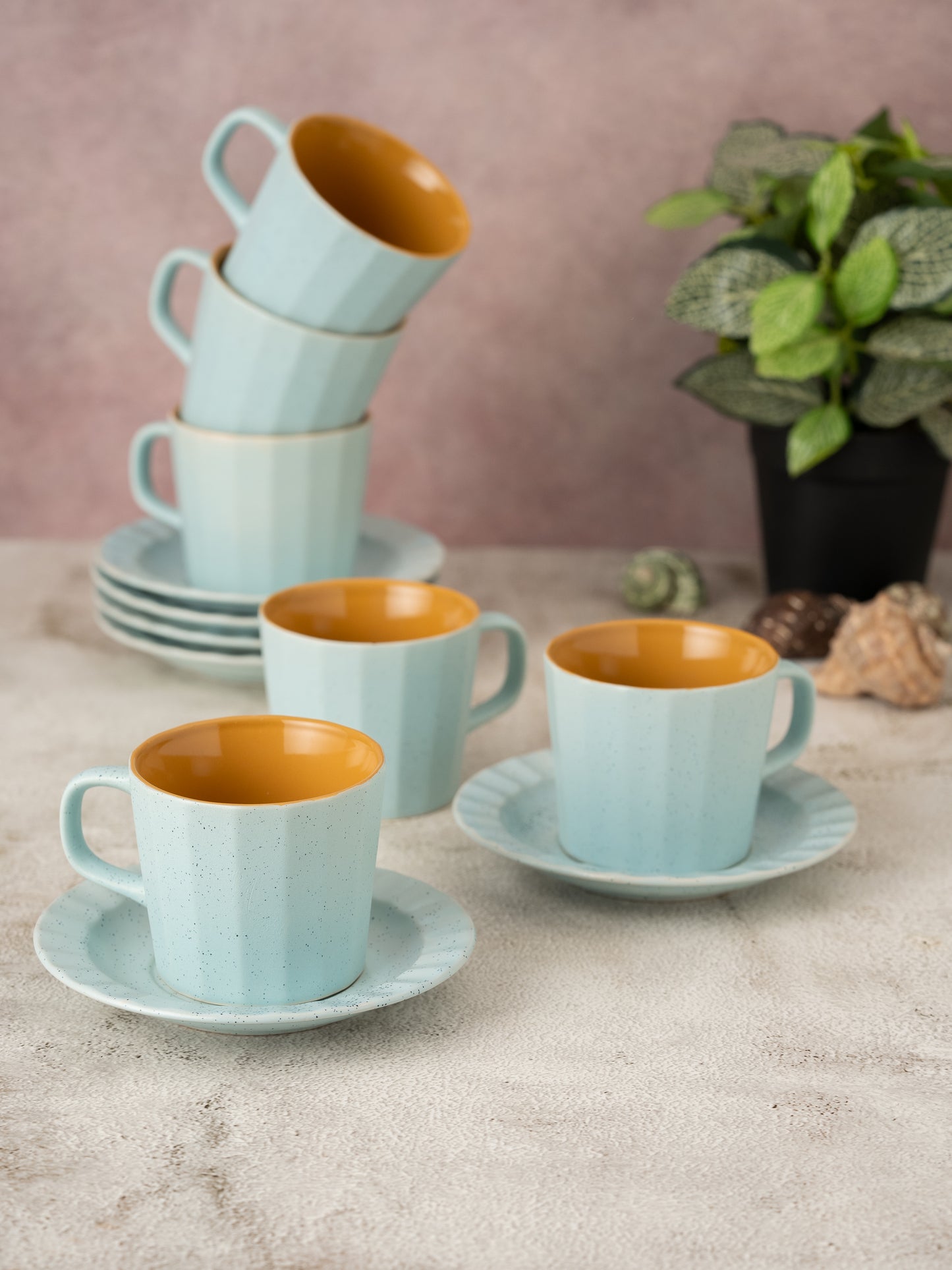 Armada Dule Tone Matte Pebble Cup & Saucer, Set of 12 (6 Cups + 6 Saucers), 200 ml