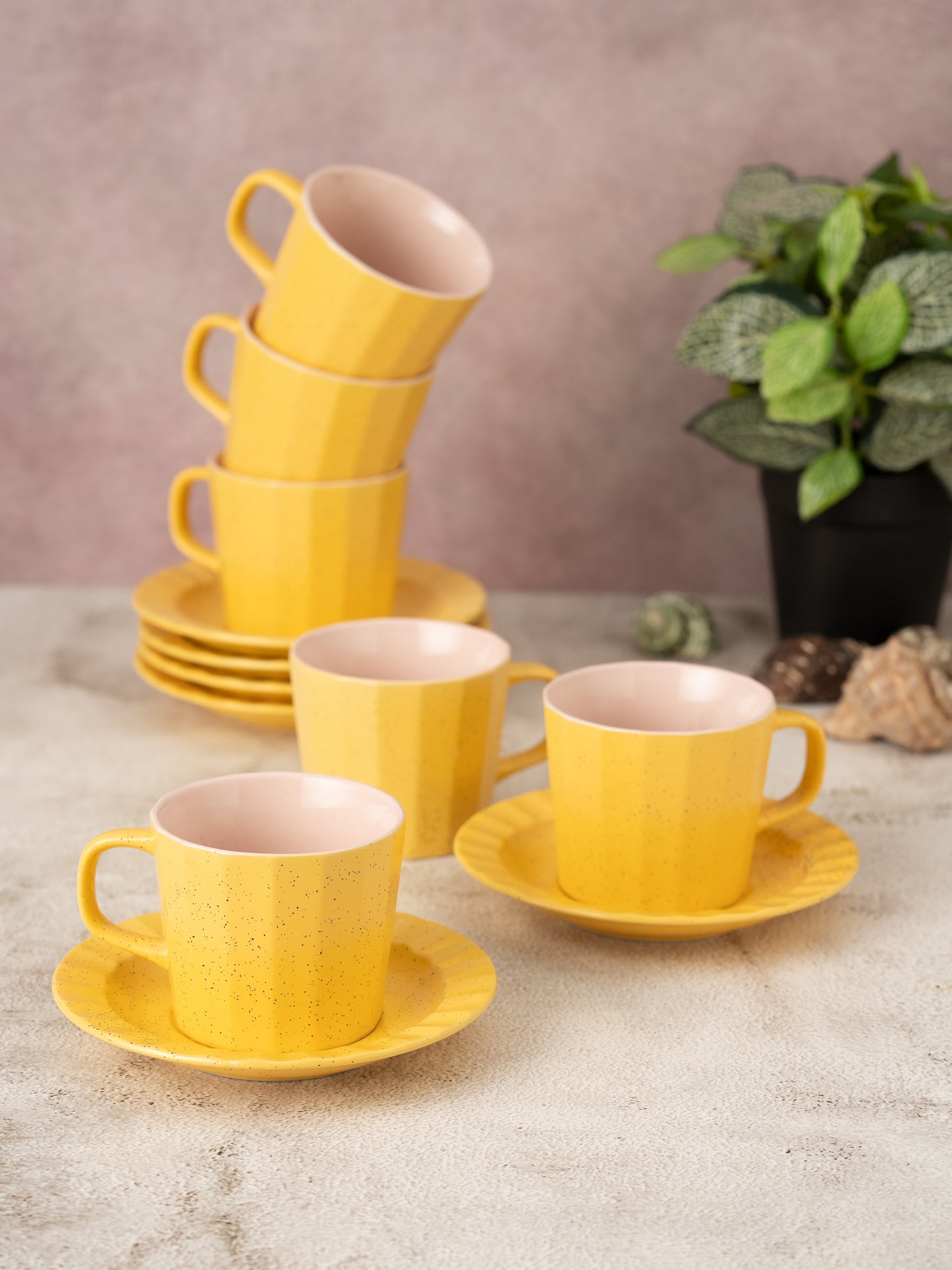 Armada Dule Tone Matte Pebble Cup & Saucer, Set of 12 Mustard & Pink (6 Cups + 6 Saucers), 200 ml