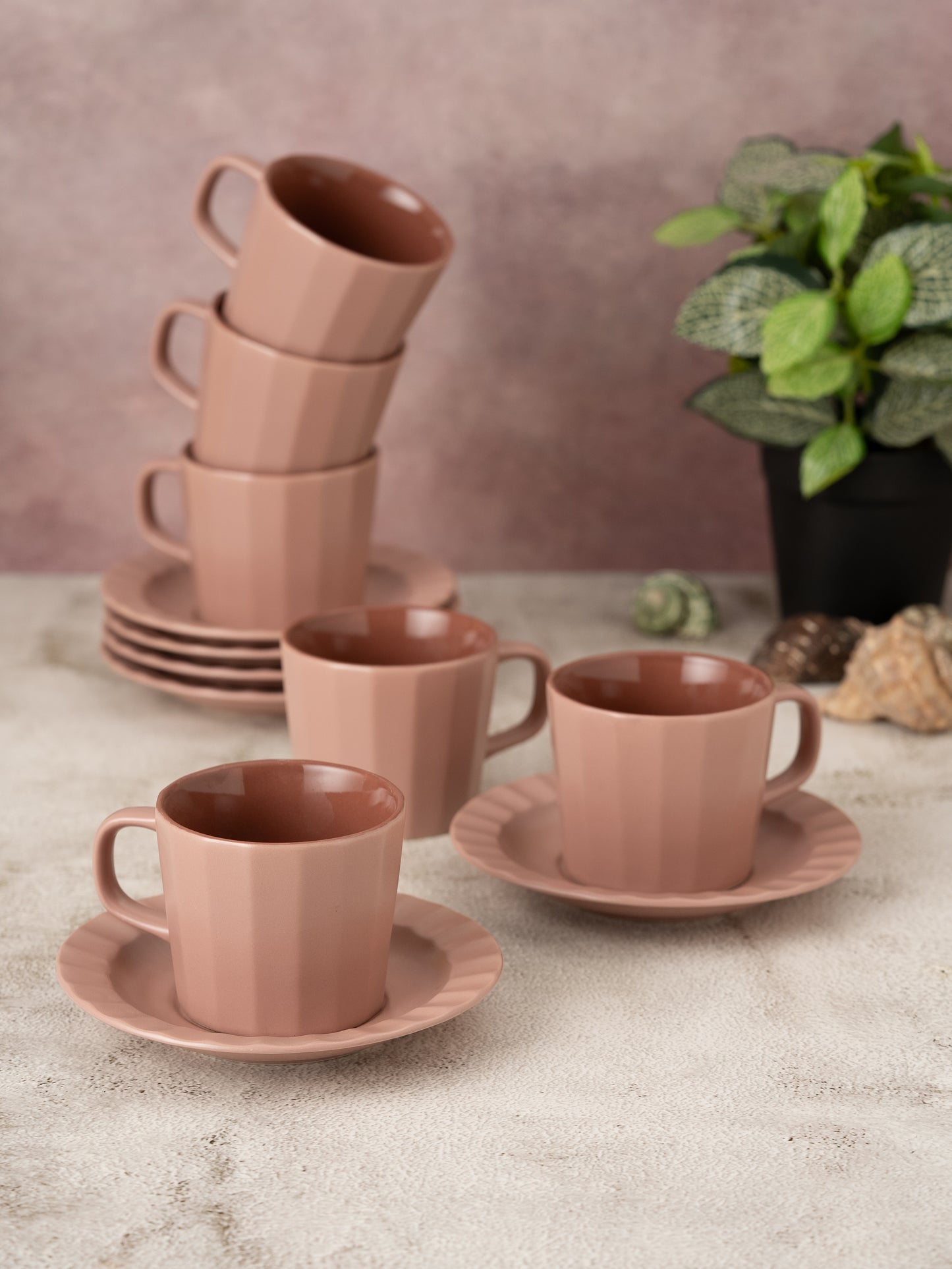 Armada Lilac Pebble Cup & Saucer, Set of 12 (6 Cups + 6 Saucers), 200 ml