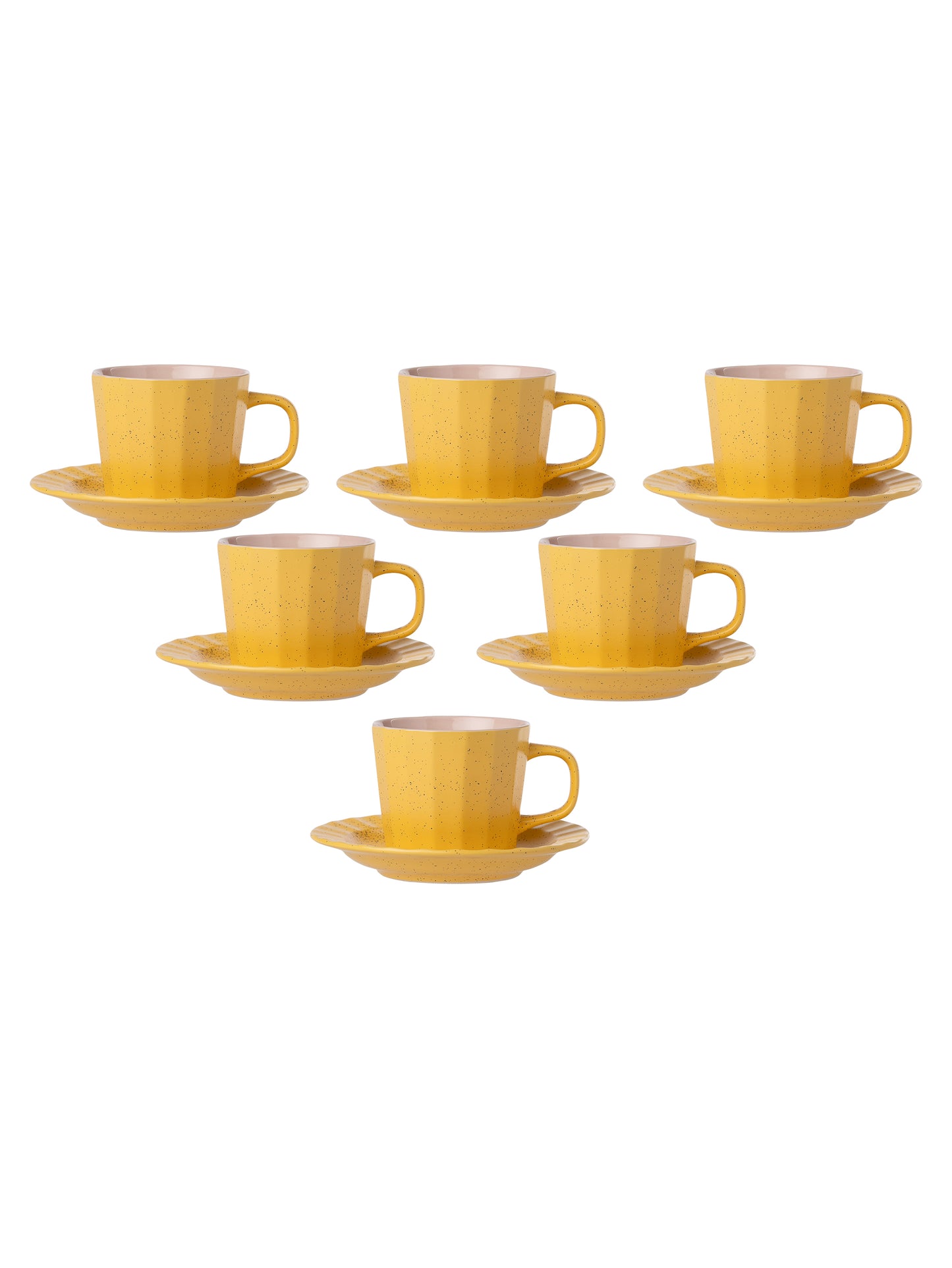 Armada Dule Tone Matte Pebble Cup & Saucer, Set of 12 Mustard & Pink (6 Cups + 6 Saucers), 200 ml