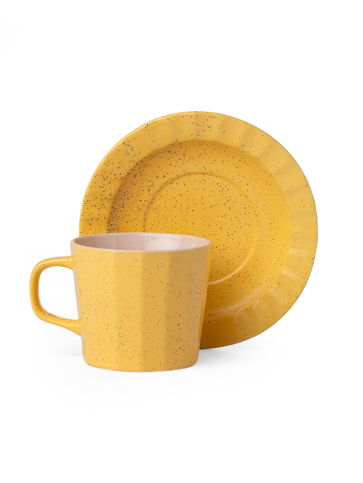 Armada Dule Tone Matte Pebble Cup & Saucer, Set of 12 Mustard & Pink (6 Cups + 6 Saucers), 200 ml