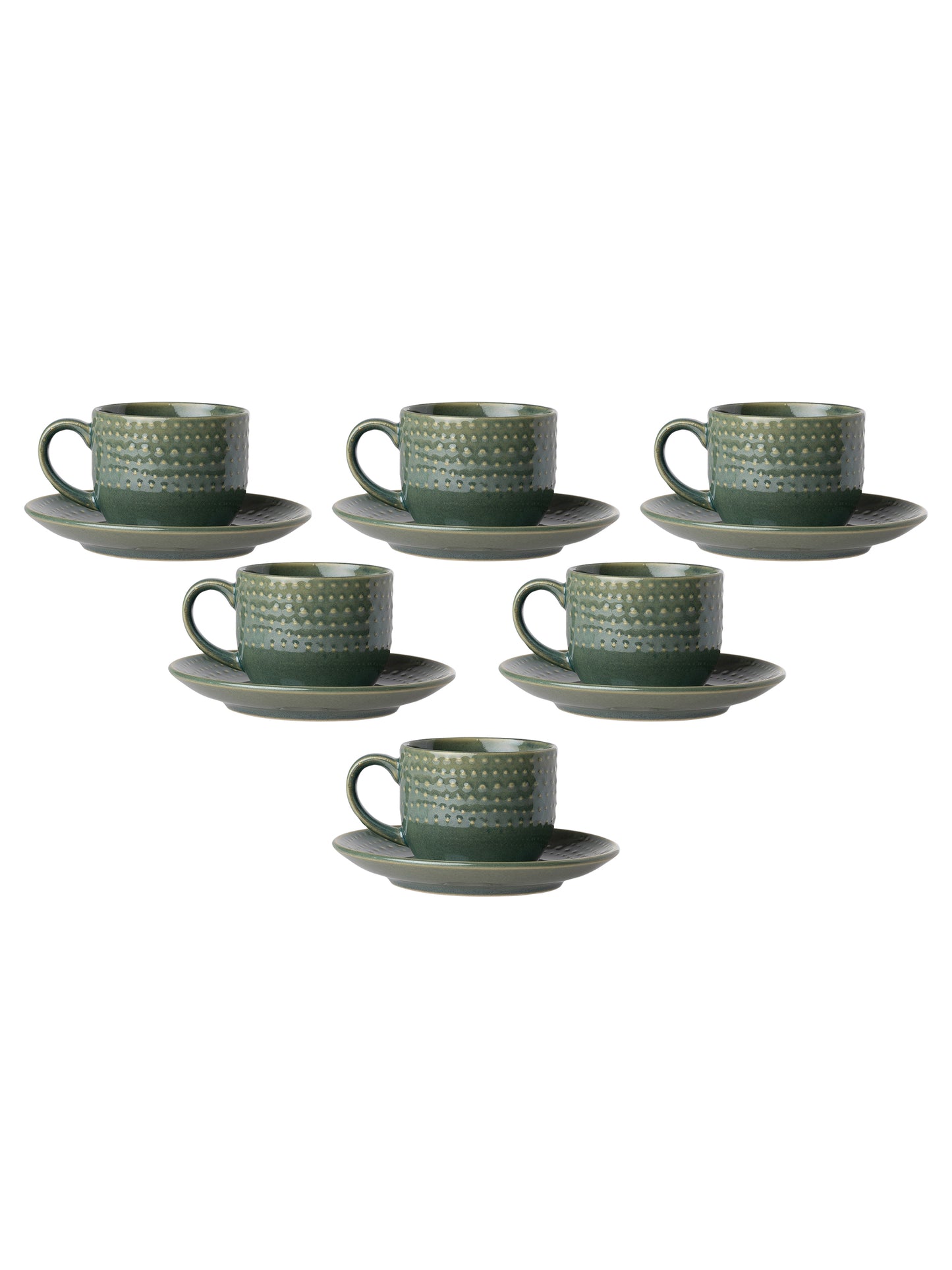 Apex Pebble Green Cup & Saucer, Set of 12 (6 Cups + 6 Saucers), 180 ml