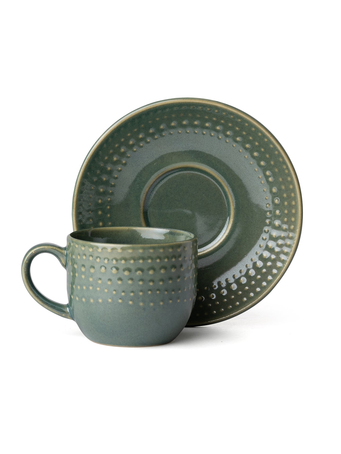 Apex Pebble Green Cup & Saucer, Set of 12 (6 Cups + 6 Saucers), 180 ml