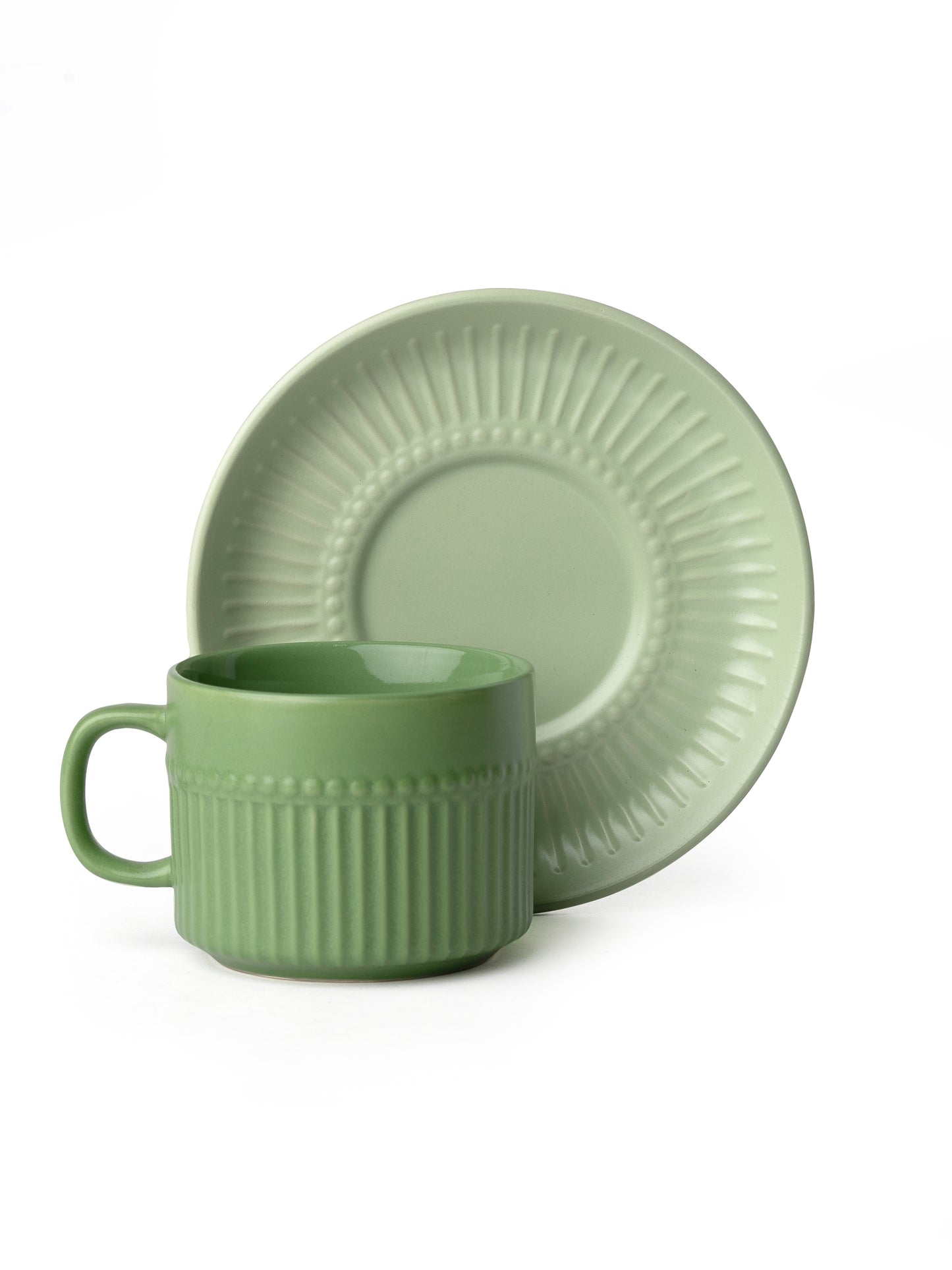 Crimson Matte Pebble Green Cup & Saucer, Set of 12 (6 Cups + 6 Saucers), 210 ml