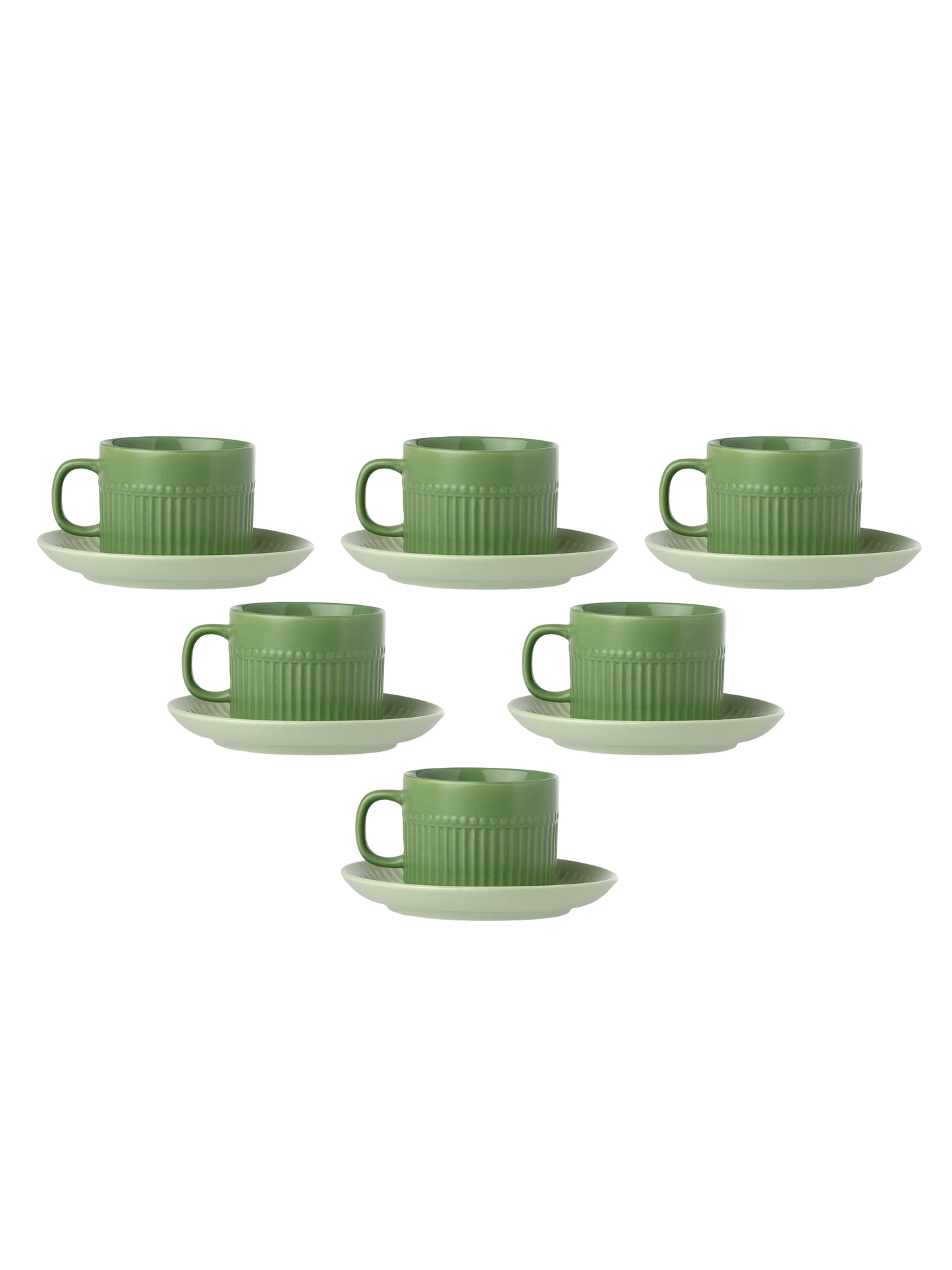Crimson Matte Pebble Green Cup & Saucer, Set of 12 (6 Cups + 6 Saucers), 210 ml