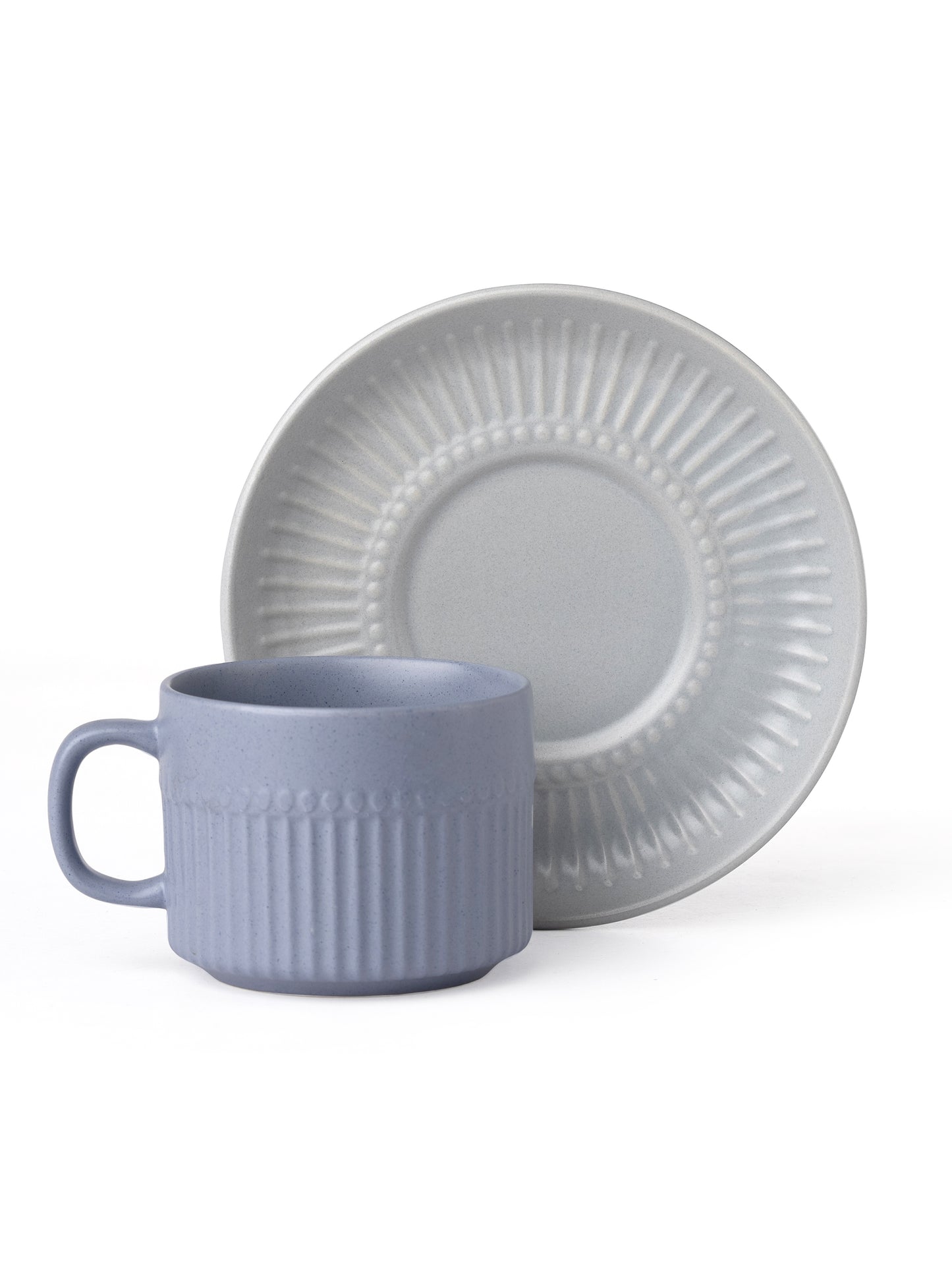 Crimson Matte Plebble Blue Cup & Saucer, Set of 12 (6 Cups + 6 Saucers), 210 ml