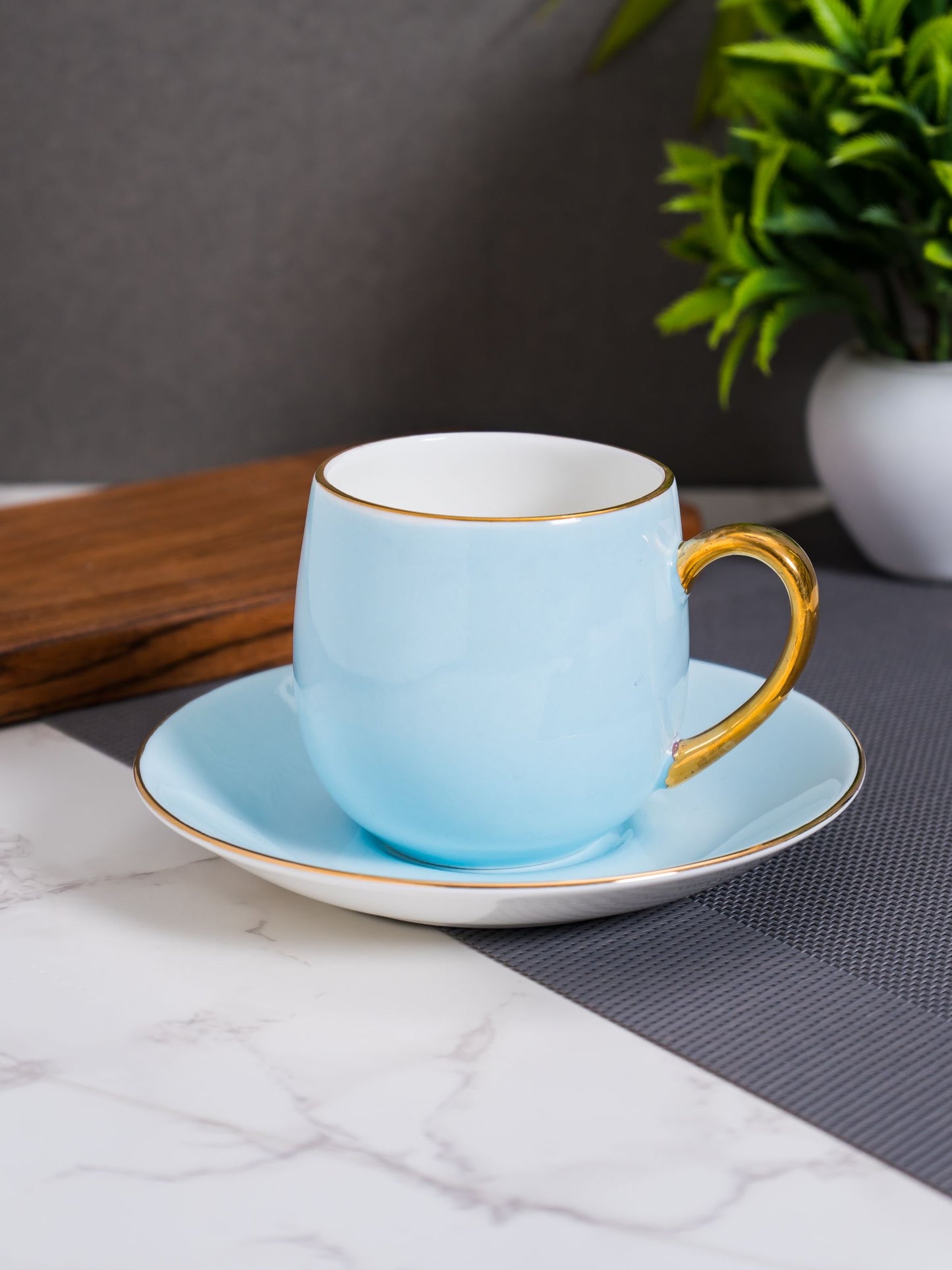 JCPL Charlie Gold Electric Cup & Saucer, 210ml, Set of 12 (6 Cups + 6 Saucers) (BLUE)