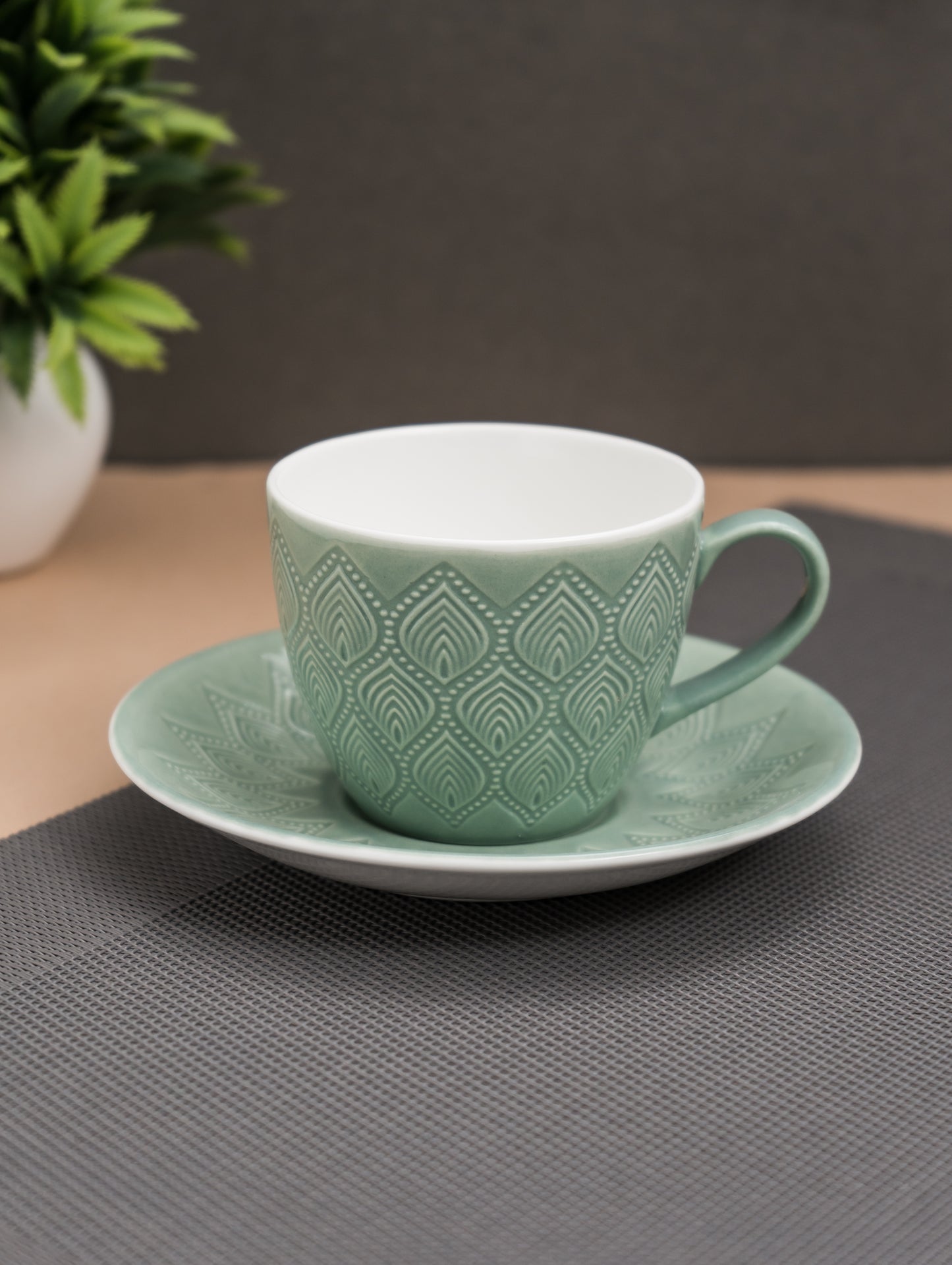 JCPL Feast Kohinoor Cup & Saucer, 170ml, Set of 12 (6 Cups + 6 Saucers) (GREEN)